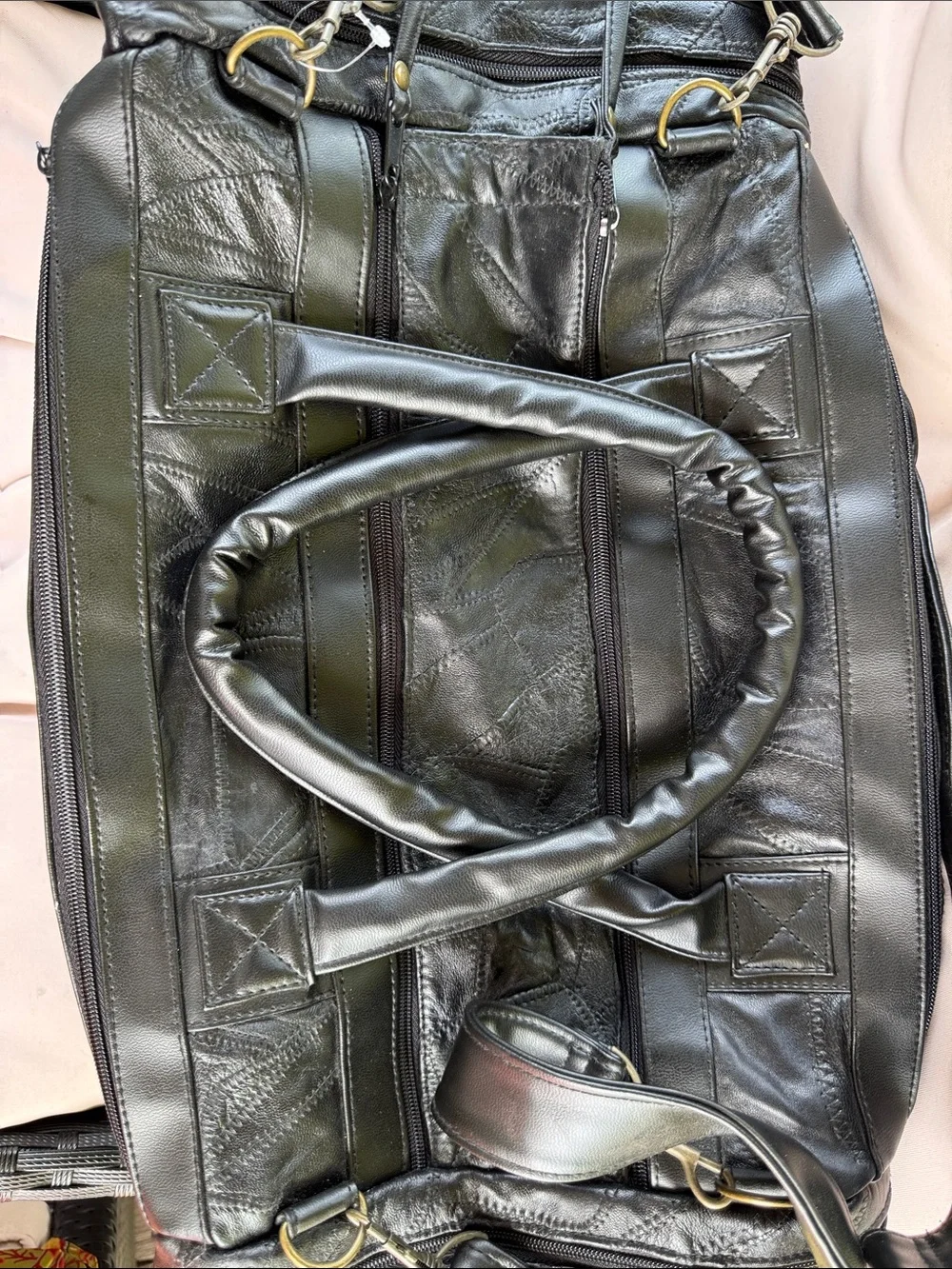 Men's Black Leather Patch Duffel Bag